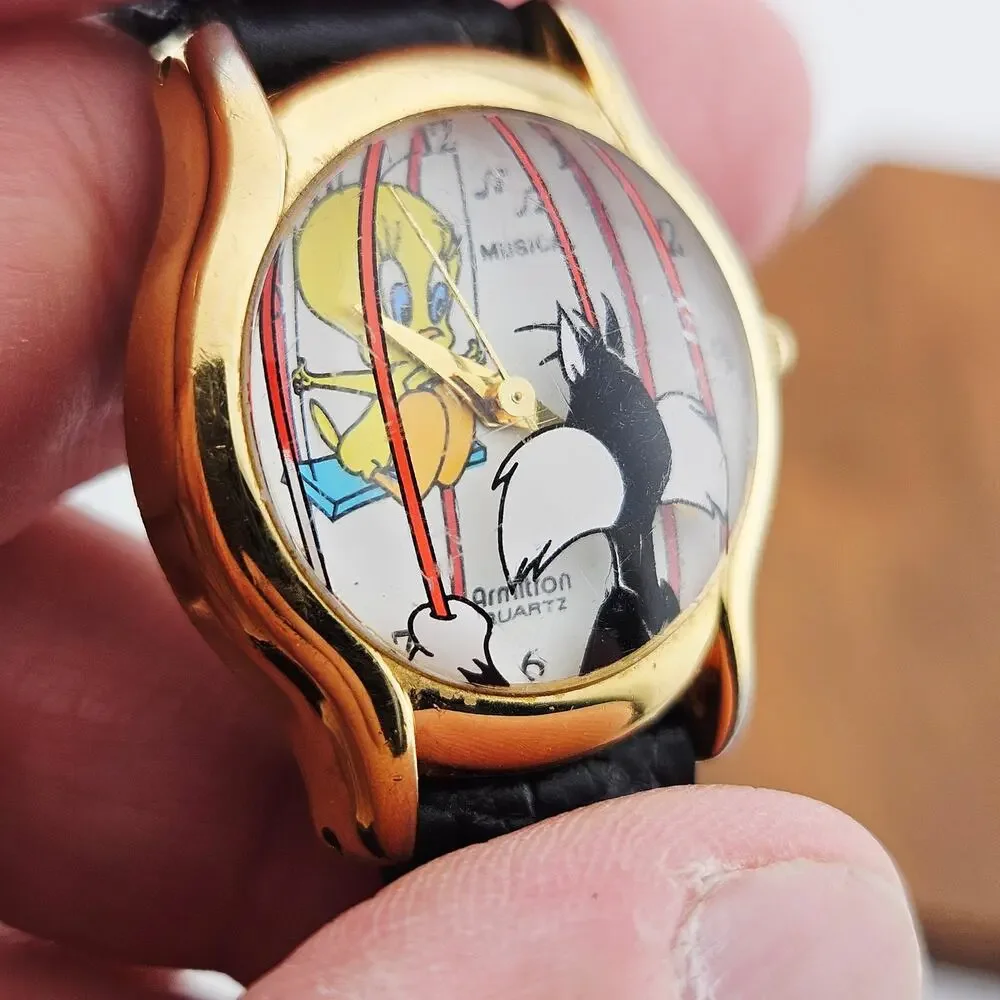 Vintage Armitron Sylvester & Tweety Bird Watch Black Leather Band Needs TLC
